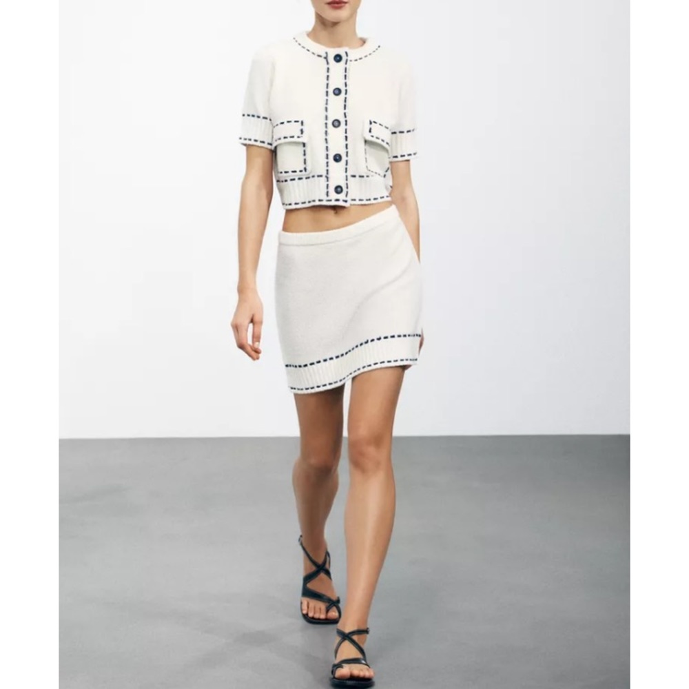 BNWT SET Zara White  topstich cardigan and high waist mini topstiched skirt Med